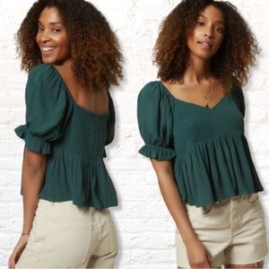 O’Neill Isabel Solid Peplum Babydoll Top Size Large Smocked Green